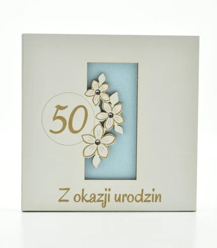 Kartka drewniana na urodziny 14×14 cm - 50. urodziny - liczba i kwiaty