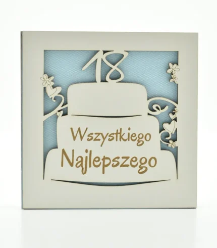 Kartka drewniana na 18 urodziny 14×14 cm - 18. urodziny - tort