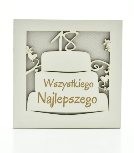 Kartka drewniana na 18 urodziny 14×14 cm - 18. urodziny - tort