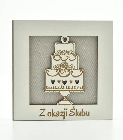Kartka drewniana na ślub 14×14 cm - Z okazji ślubu - tort