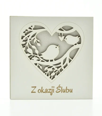 Kartka drewniana na ślub 14×14 cm - Z okazji ślubu - dłonie i serce