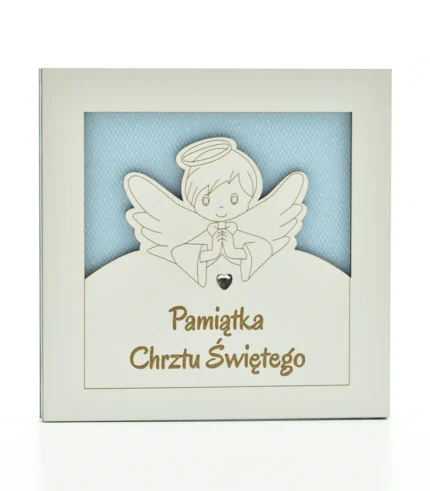 Kartka drewniana na chrzest 14×14 cm - Pamiątka chrztu - aniołek niebieski