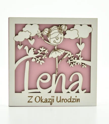 Kartka drewniana na urodziny z imieniem Lena, 14×14 cm