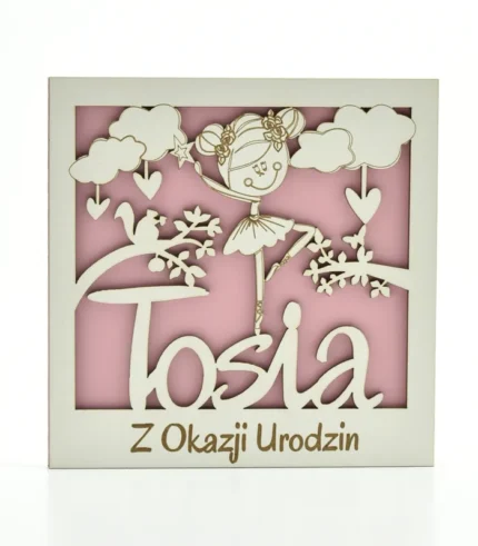 Kartka drewniana na urodziny z imieniem Tosia, 14×14 cm