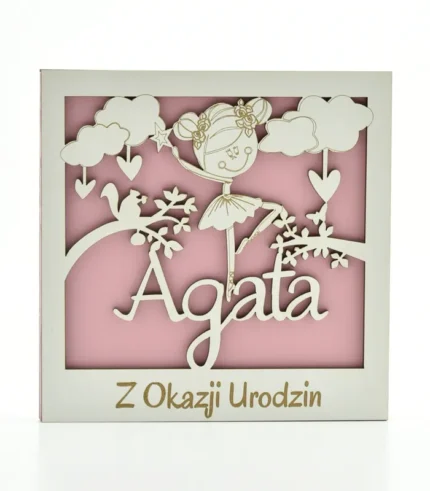 Kartka drewniana na urodziny z imieniem Agata, 14×14 cm