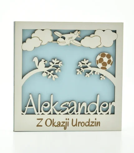 Kartka drewniana na urodziny z imieniem Aleksander, 14×14 cm