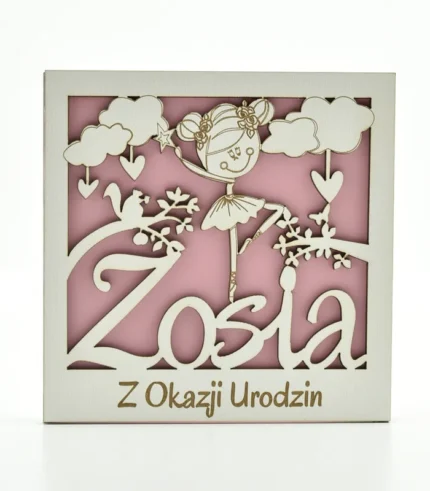 Kartka drewniana na urodziny z imieniem Zosia, 14×14 cm