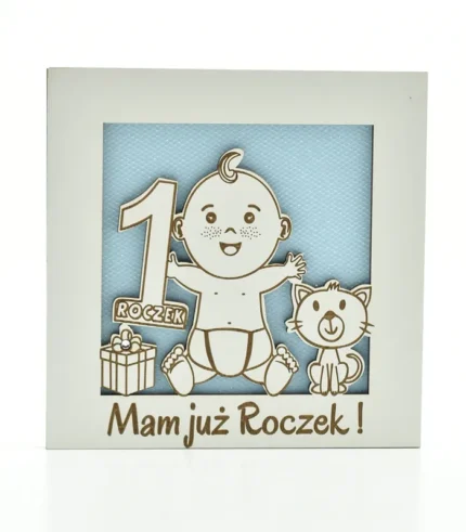 Kartka drewniana na roczek 14×14 cm - Mam już roczek - dziecko niebieskie