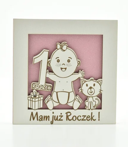Kartka drewniana na roczek 14×14 cm - Mam już roczek - dziecko różowe