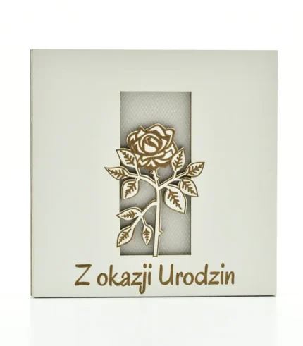 Kartka drewniana na urodziny 14×14 cm - Z okazji urodzin - róża