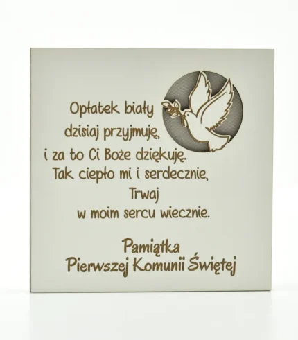 Kartka drewniana na komunię 14×14 cm - Pamiątka komunii - opłatek biały